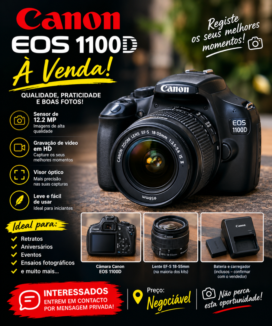 📸🔥 CÂMARA CANON EOS 1100D À VENDA! 🔥📸  Queres começar no mundo da fotografia ou melhorar as tuas habilidades fotográficas? Esta é a tua oportunidade! 📷✨  📸 Marca: Canon 📷 Modelo: EOS 1100D ✅ Id